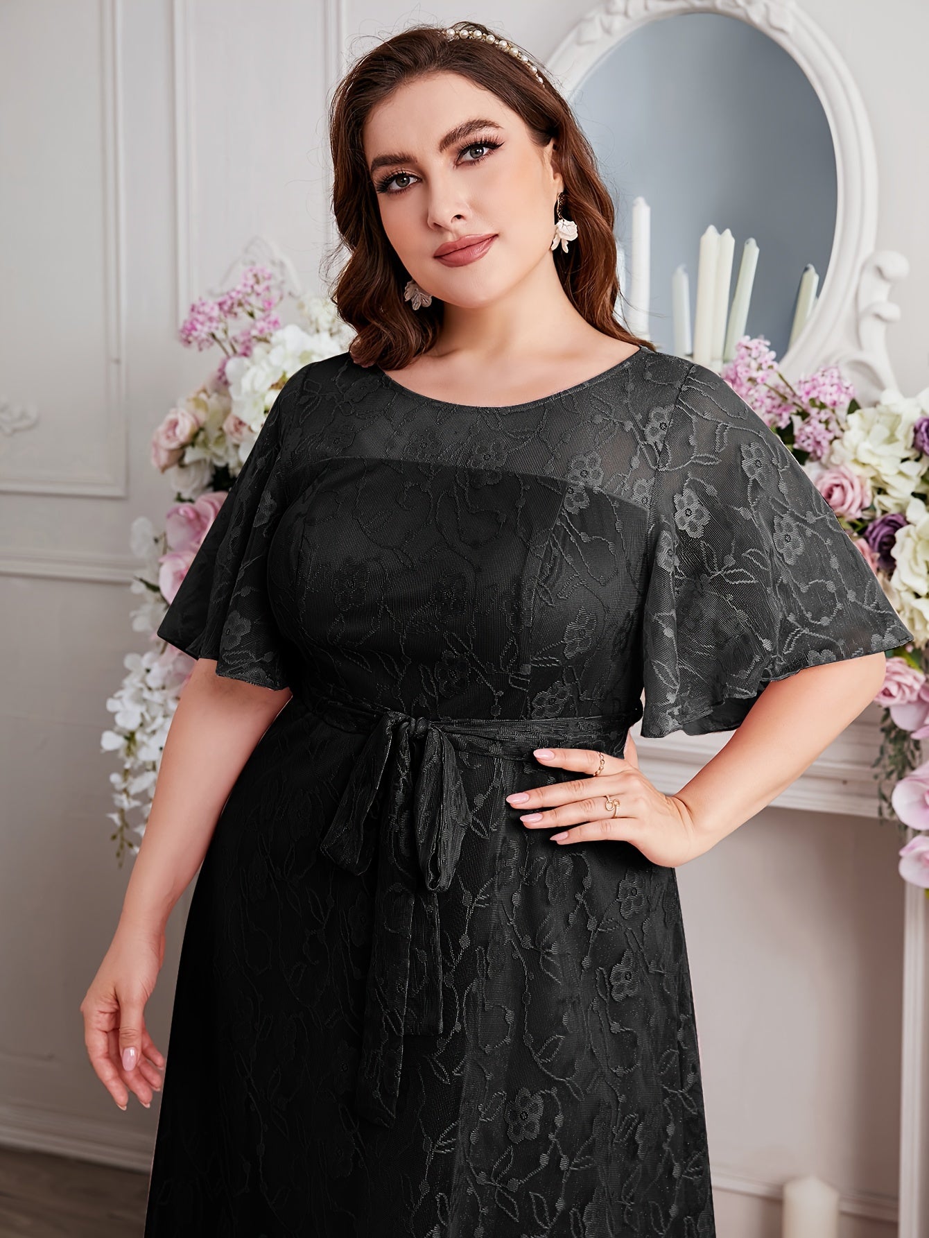 Elegant High Waist Lace Round Neck Half Flutter Sleeve Solid Color Formal Floor Length Dress