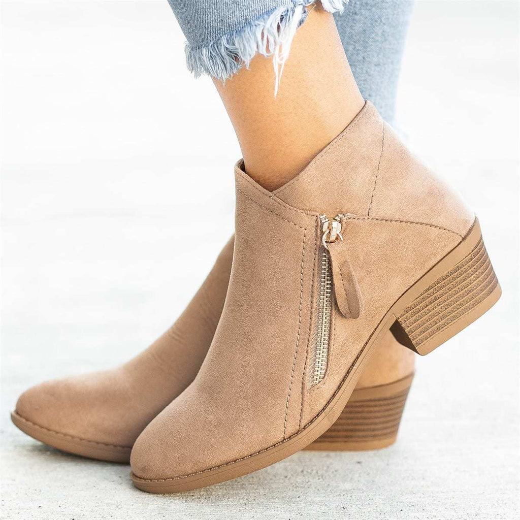 Low Heel Side Zipper Ankle Boots