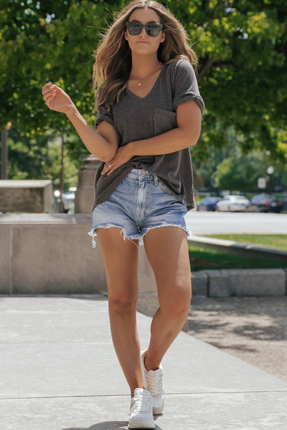 Carbon Grey Short Sleeve Corded V Neck Top