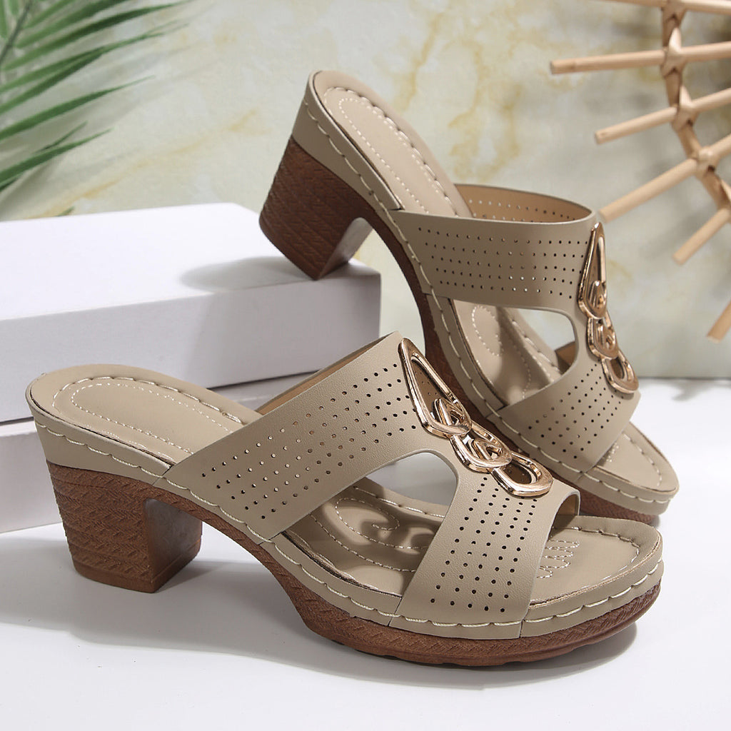 Chunky Heel PU Leather Metal Decor Sandals