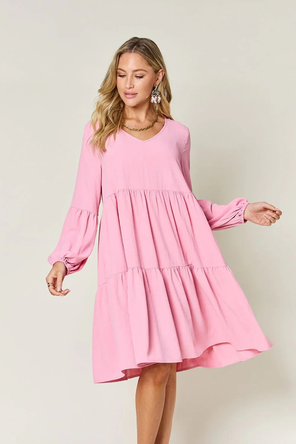 Solid V-Neck Long Balloon Sleeve Tiered Dress Bazaare Mart Long Sleeve Layered Dress