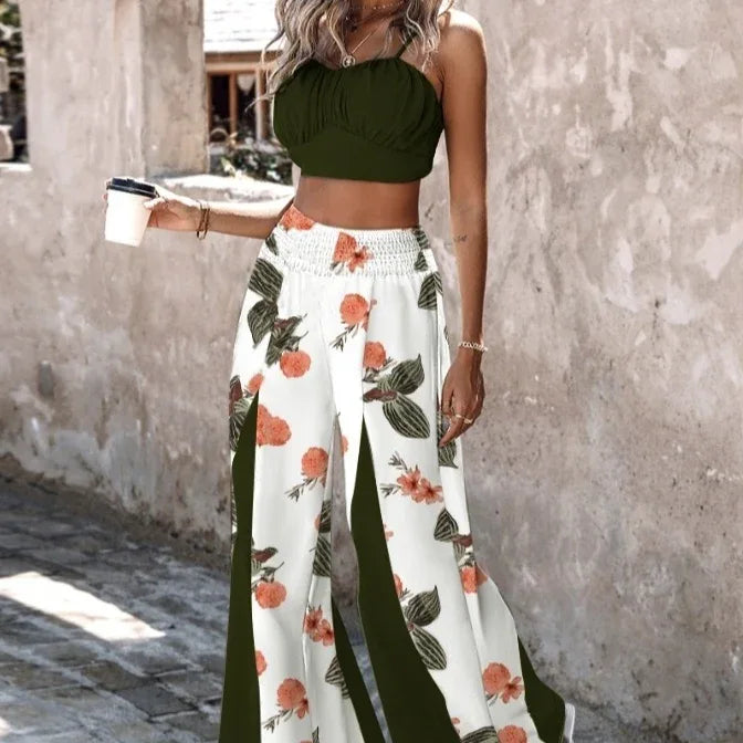 Solid Color Sexy Bralette Top Fashionable Flower Print Contrasting Pleated Pants Two-piece Pants Set Bazaare Mart Army Green Floral Pants Set