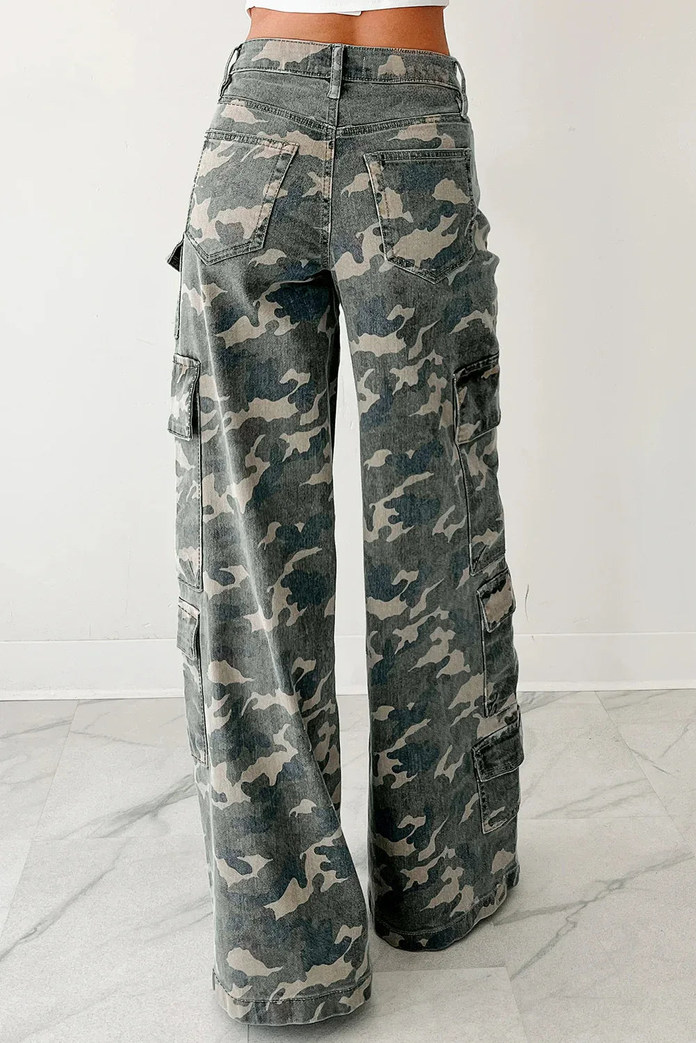 Green Camo Denim Cargo Wide Leg Pants Bazaarre Mart Bottoms/Jeans