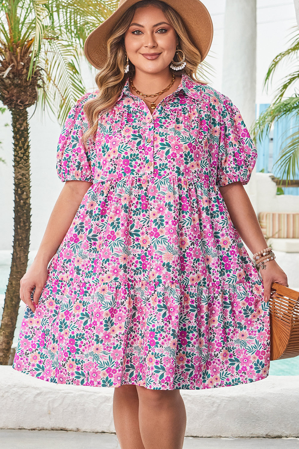 Pink Plus Size Floral Half Button Short Puff Sleeve A-line Dress Dear-Lover Dropshipping Plus Size/Plus Size Dresses/Plus Size Mini Dresses