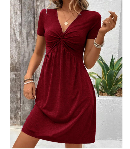 Women’s V-Neck Twist Waist Midi Dress – Short Sleeve Elegant Casual Dress Dark Red CJ Dropshipping Short Sleeve V-Neck Dress