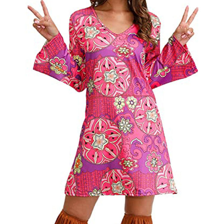 Retro ’70s Hippie Print A-Line Mini Dress Purple CJ Dropshipping Long Sleeve Hippie Dress