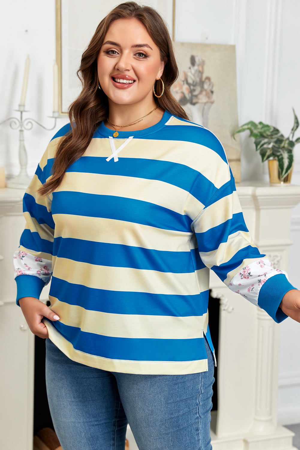 Blue Stripe Patchwork Floral Long Sleeve Pullover Top Bazaare Mart Plus Size/Plus Size Sweatshirts & Hoodies