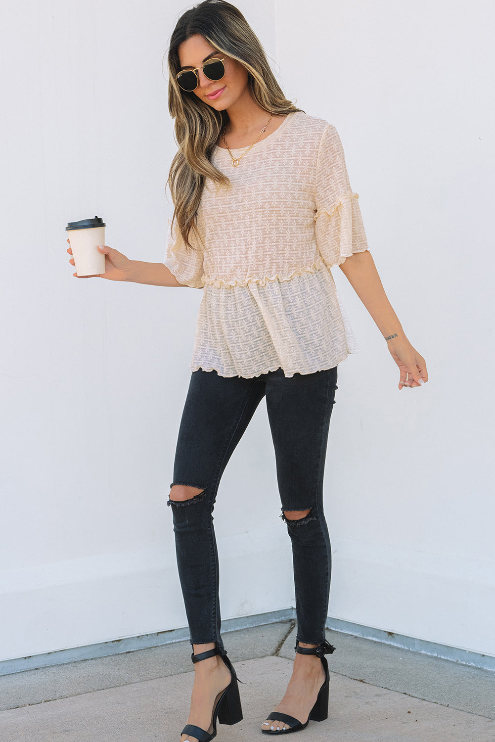 Lacy Beige Textured Ruffled Half Sleeve Blouse