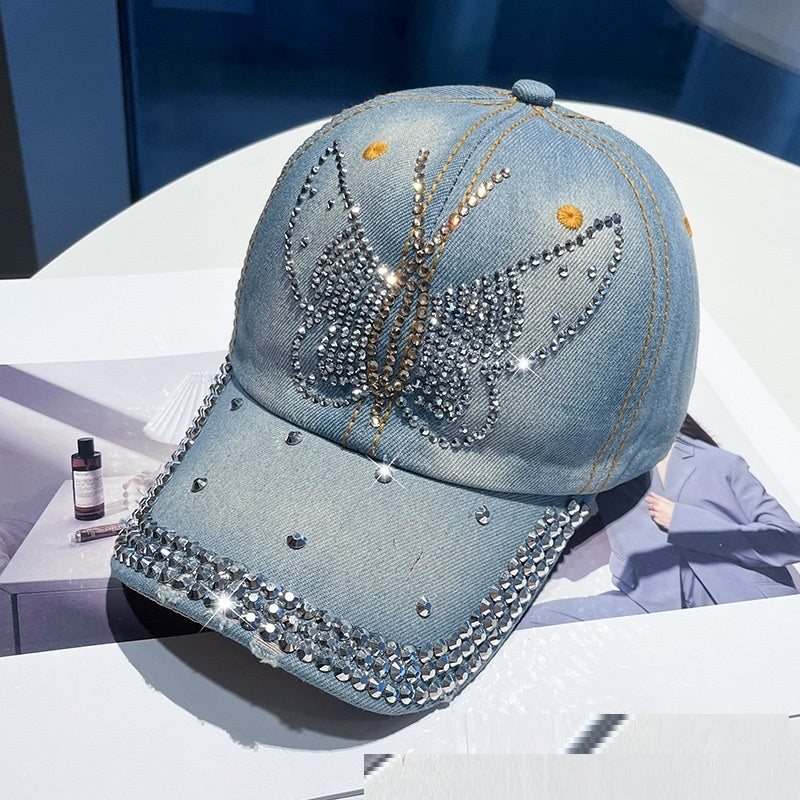 Distressed Denim Rhinestone Baseball Cap