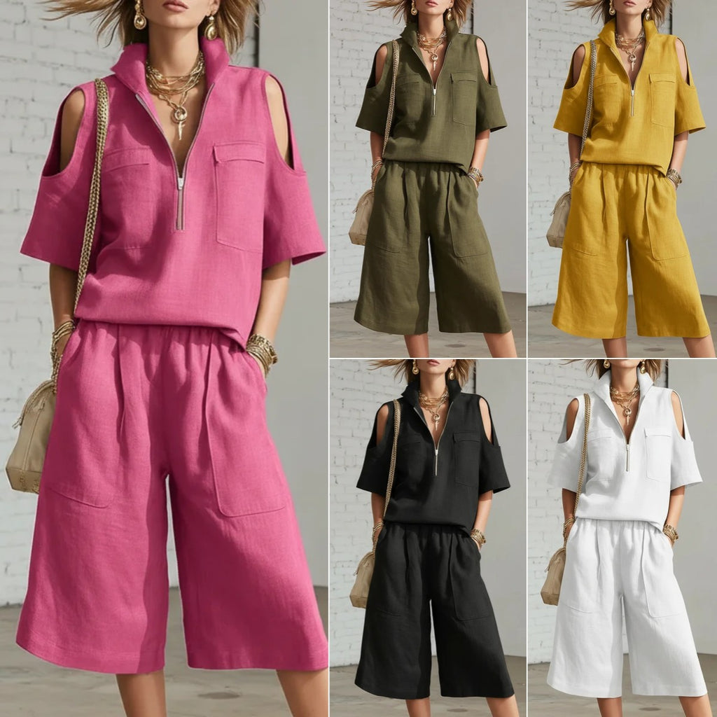 Women’s Cold Shoulder Half-Zip Top & Loose Gaucho Pants Set – Casual 2-Piece Outfit Plus Size CJ Dropshipping 2pc Cold Shoulder Camp Shirt and Gaucho