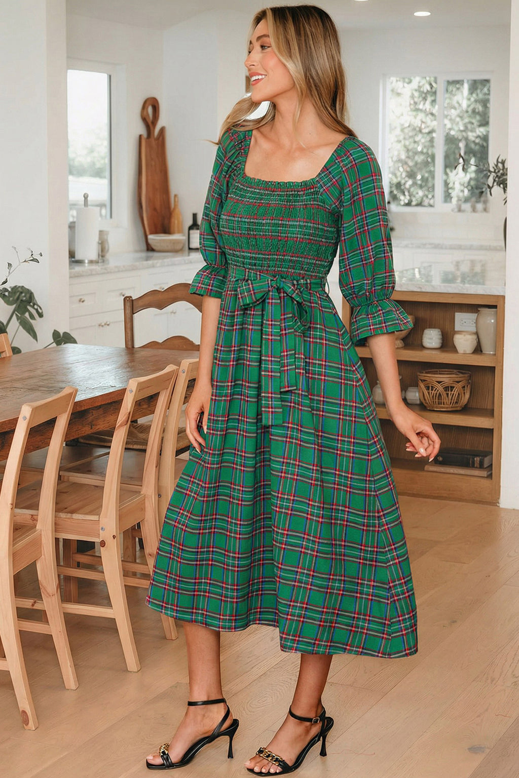 Tartan Plaid Square Neck Puff Sleeve Flared Midi Dress Bazaarre Mart Dresses/Maxi Dresses