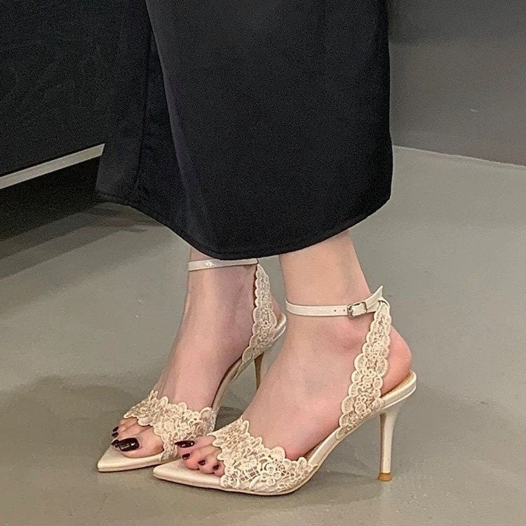Women’s Lace Stiletto Heel Sandals – Pointed Open Toe Off White CJ Dropshipping Lace High Heel Sandals