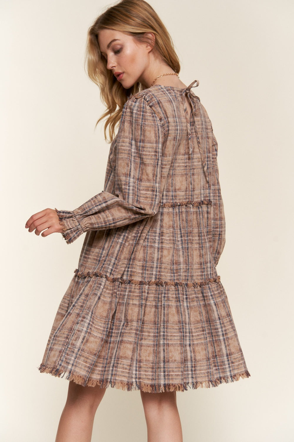 Retro Brown Frayed Tiered Plaid Coat Dress