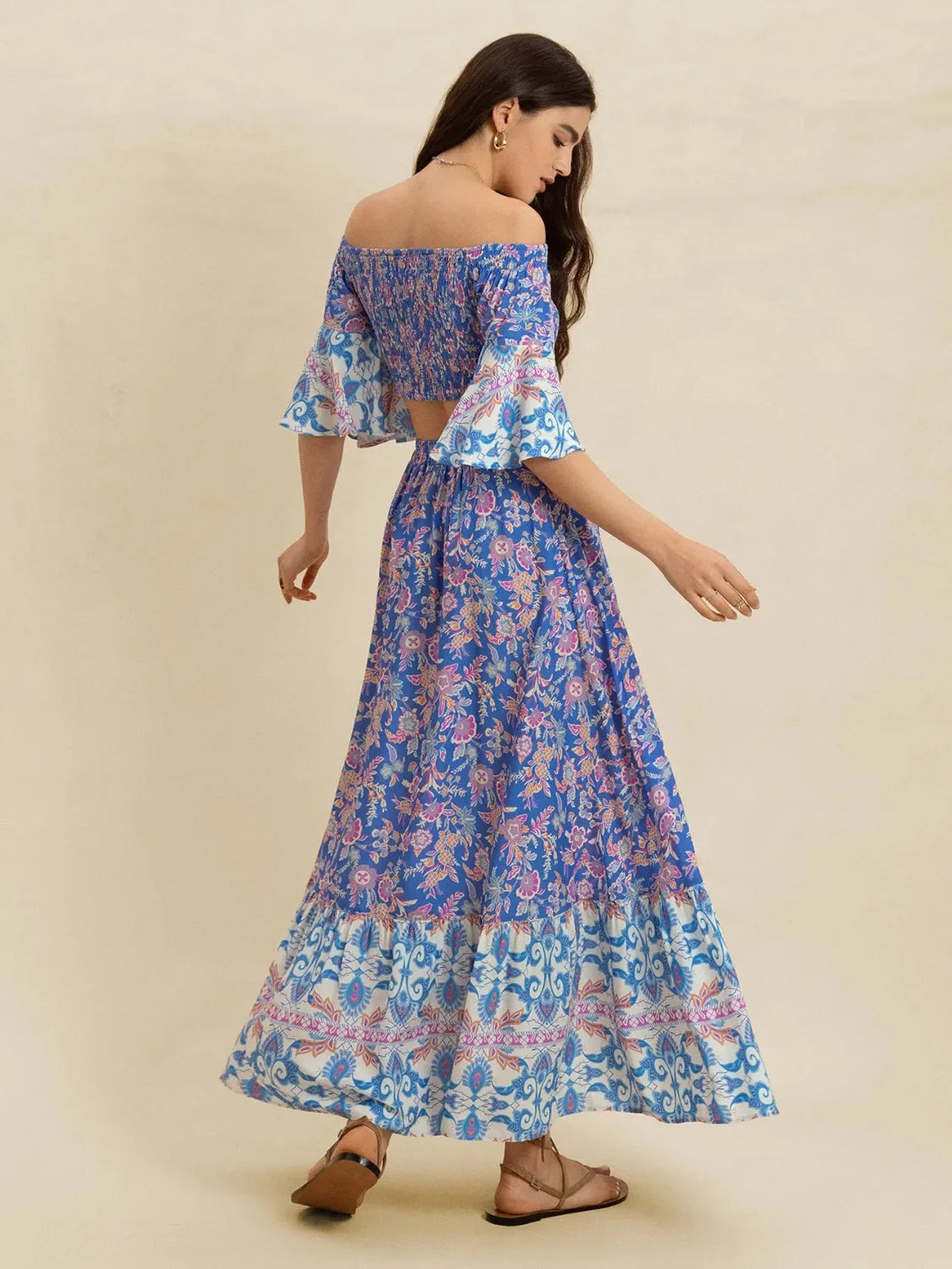 Smocked Off-Shoulder Printed Top and Skirt Set Bazarre Mart