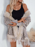 Fringe Leopard Open Front Long Sleeve Poncho Beige One Size Trendsi Fringe Leopard Open Front Long Sleeve Poncho