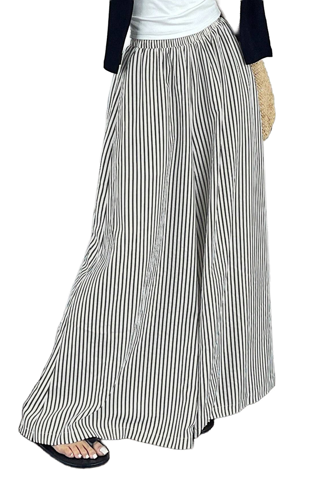 Black Stripe Elastic Waist Ultra Wide Leg Pants Dear-Lover Dropshipping Bottoms/Pants & Culotte