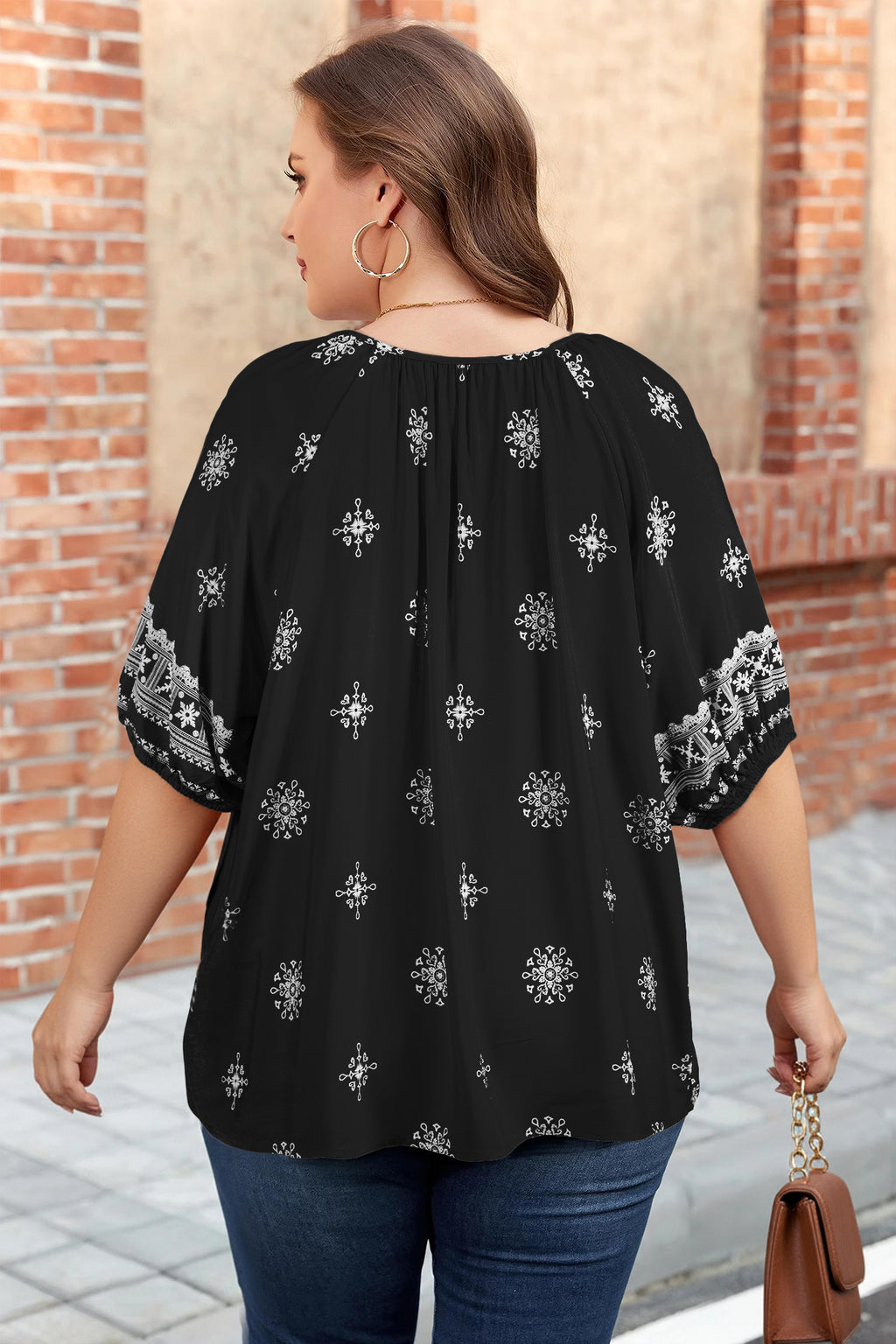 Black Boho Floral Notched V-Neck Top