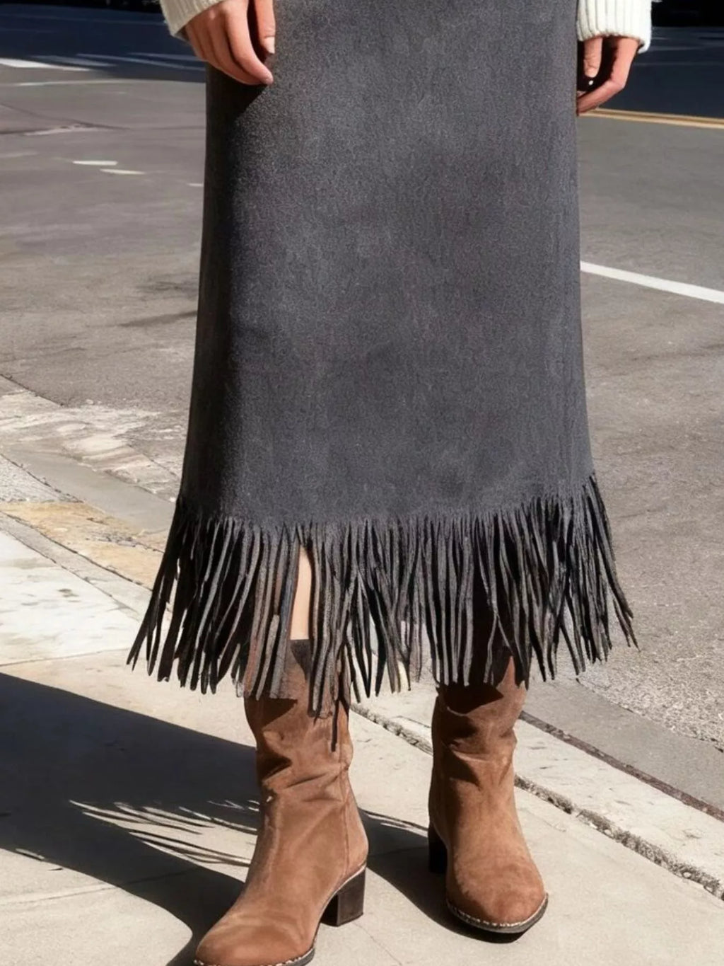 Suede Fringe Midi Skirt Trendsi Suede Fringe Midi Skirt