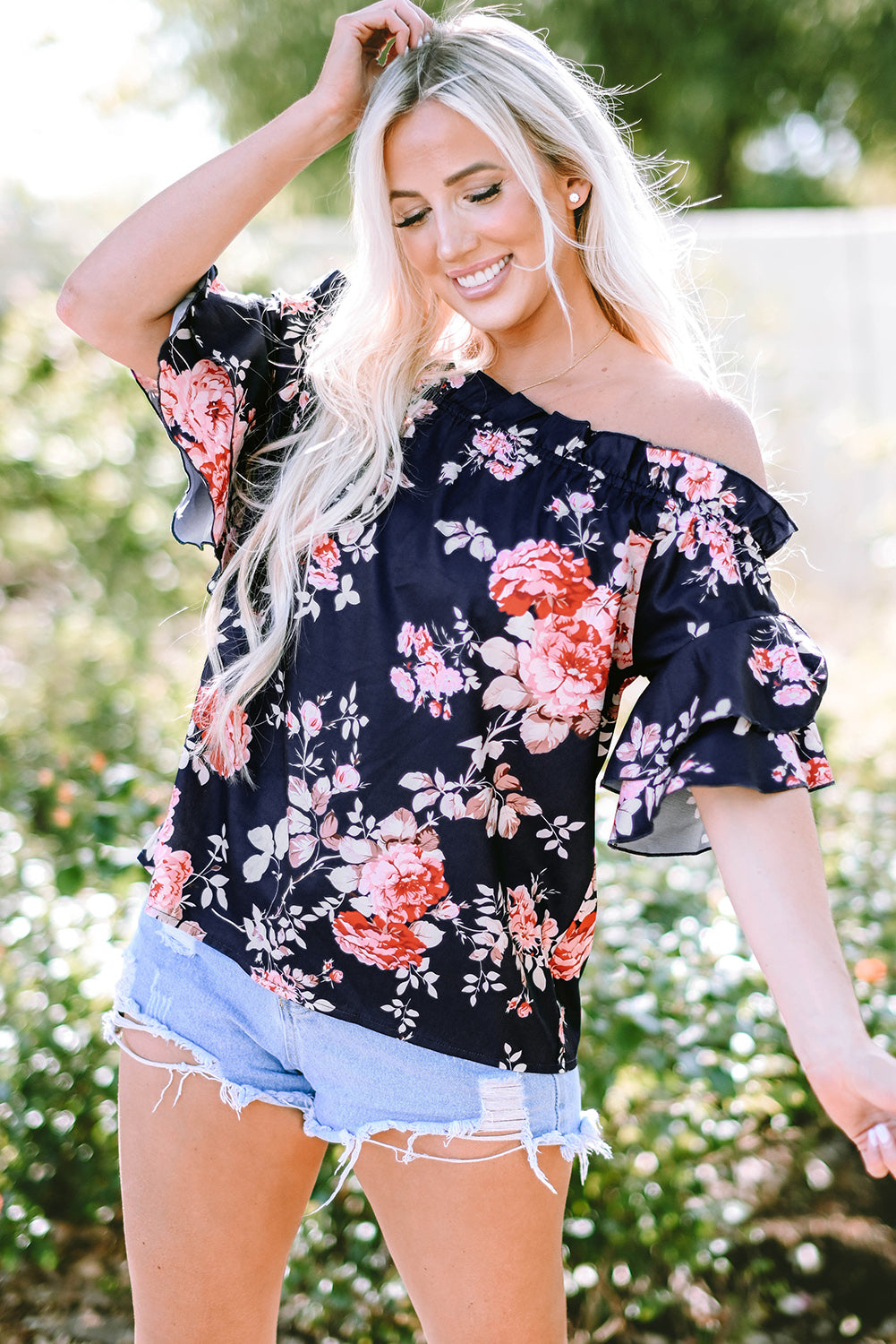 Navy Off Shoulder Flounce Sleeve Floral Blouse