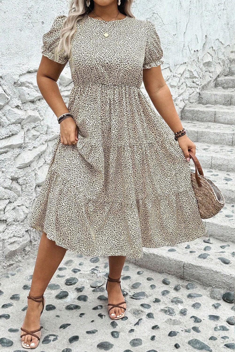 Leopard Print Frill Trim Short Sleeve Flared Dress Bazaare Mart Plus Size/Plus Size Dresses/Plus Size Midi Dresses