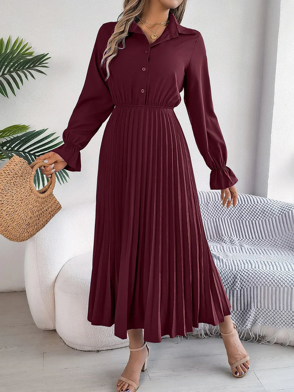 Pleated Half Button Long Sleeve Midi Dress Bazaare Mart Pleated Half Button Long Sleeve Midi Dress