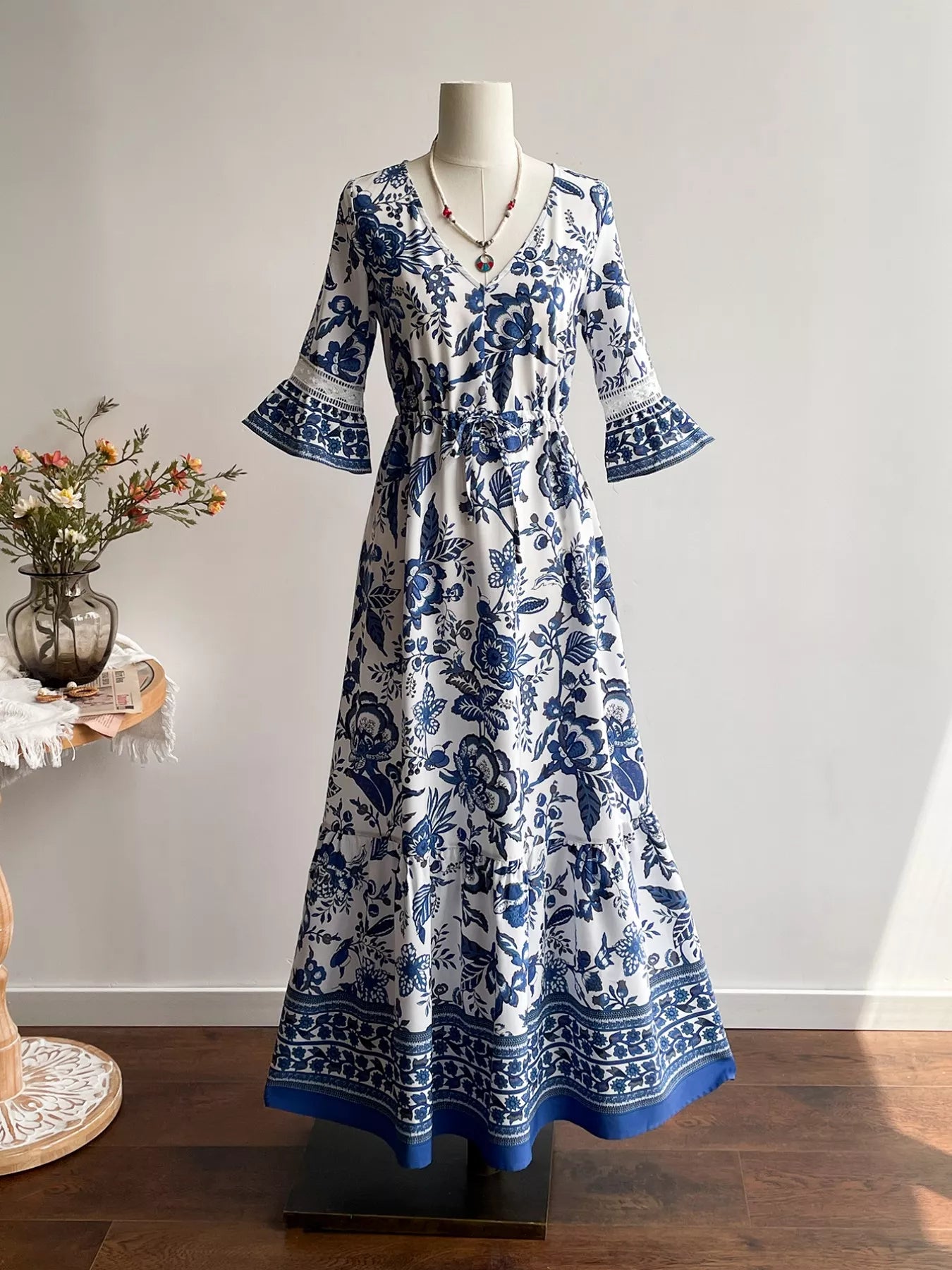 Blue Floral V-Neck Flounce Sleeve Dress Bazaare Mart Floral Print V-Neck Flounce Sleeve Dress