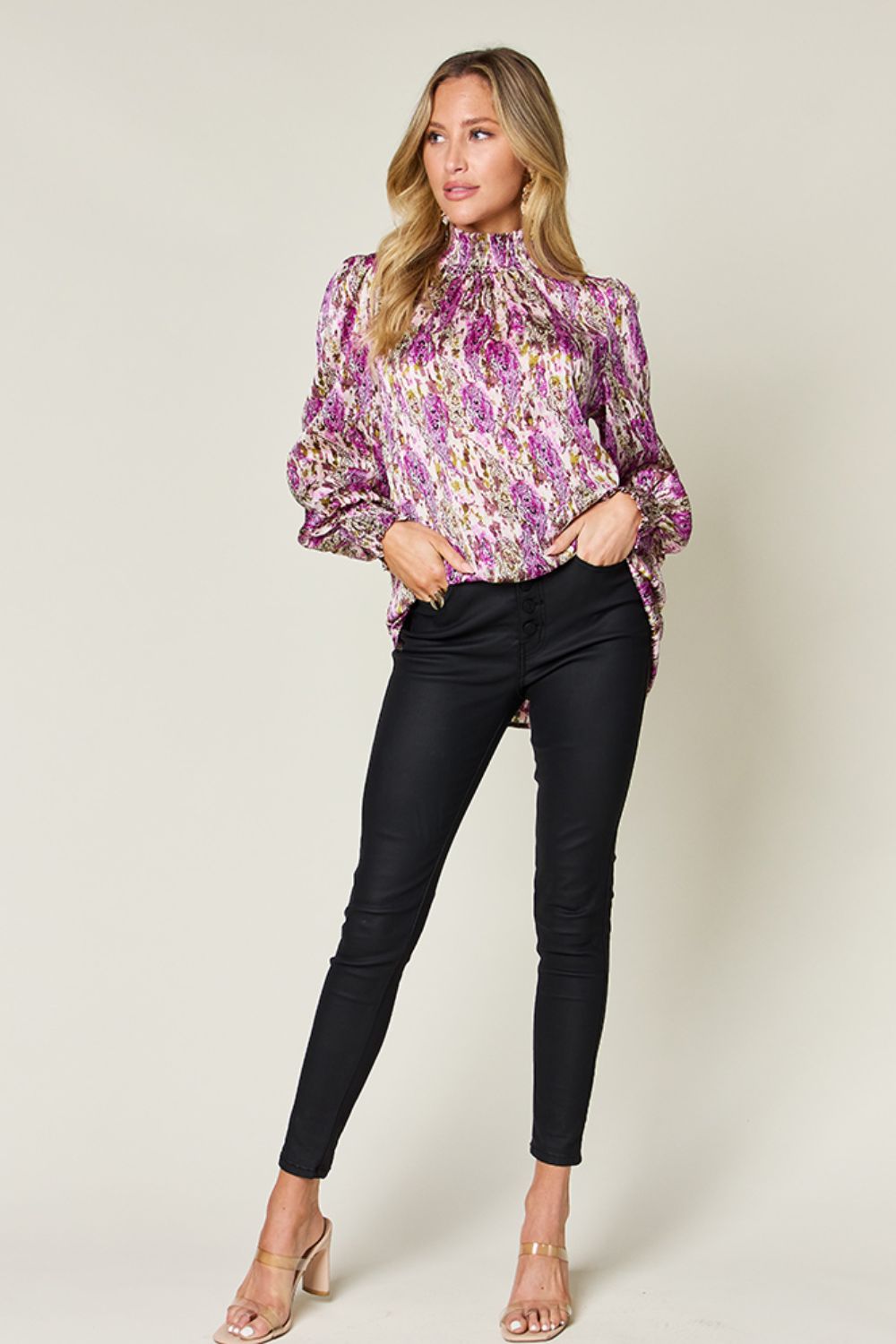 Abstract Smocked High Neck Long Sleeve Blouse