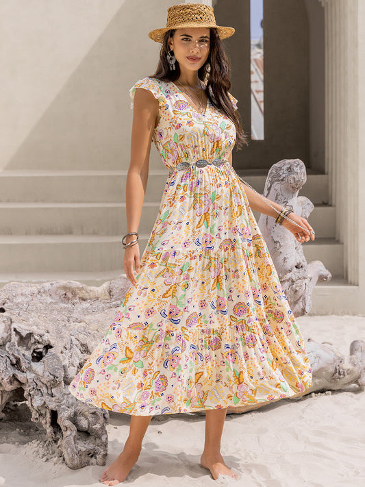 Yellow Floral Ruched Cap Sleeve Midi Dress