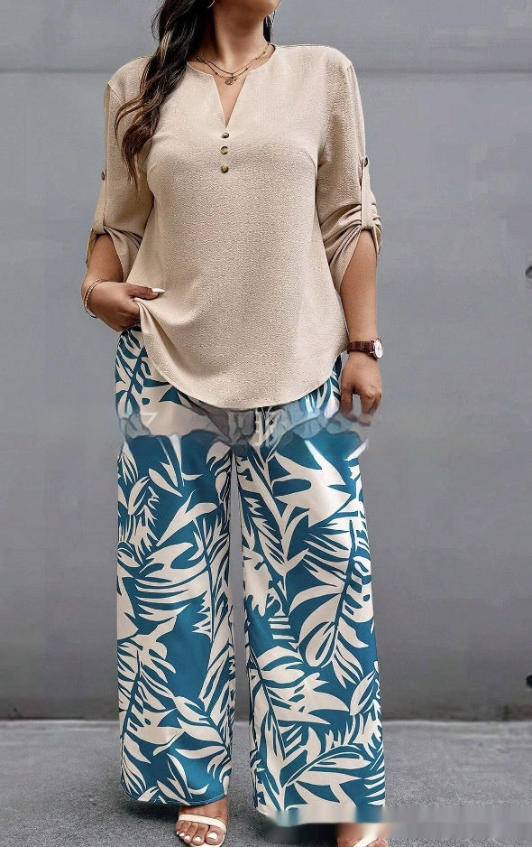 Ladies V-neck Shirt with Tropical Printed Pants 11 Style CJ Dropshipping Tropical Pants Set