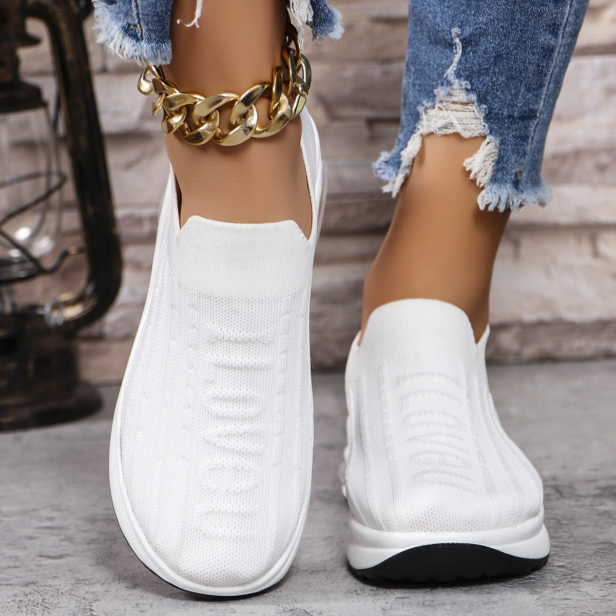 White Round Toe Knit Detail Slip On Shoe