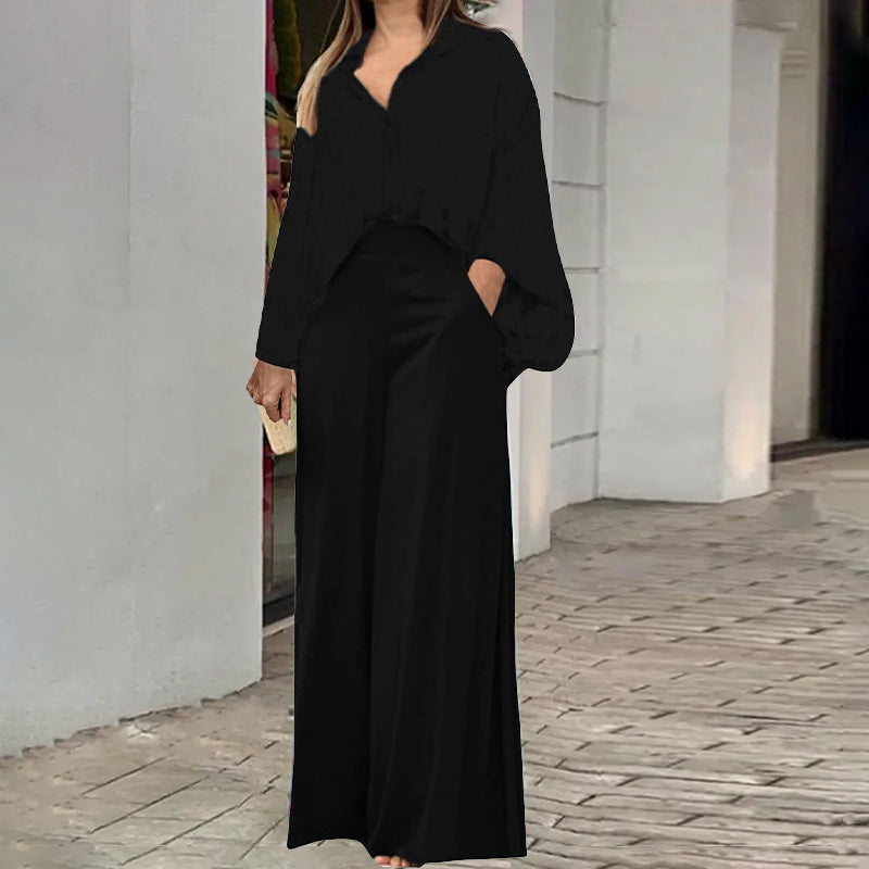 Loose & Printed Blouse and Coordinating Wide Leg Solid Color Pants Set Black CJ Dropshipping Loose Blouse and Pants Set