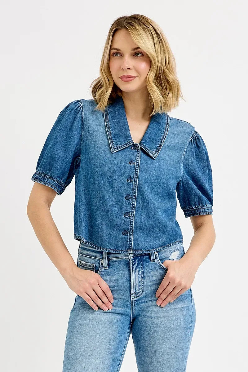RISEN Button Down Puff Sleeve Crop Denim Shirt Trendsi Shirts