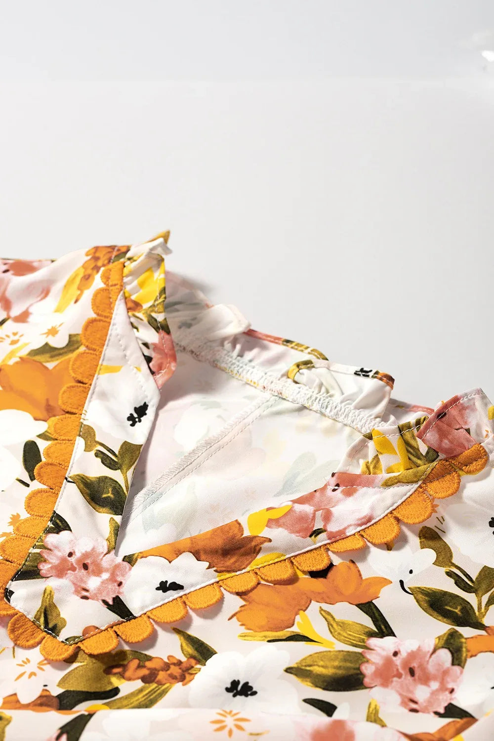 Ruffled Notched Short Sleeve Floral Blouse Bazaare Mart Orange Floral Top