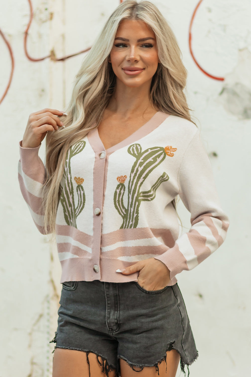 Apricot Desert Cactus Buttoned Front Sweater Cardigan