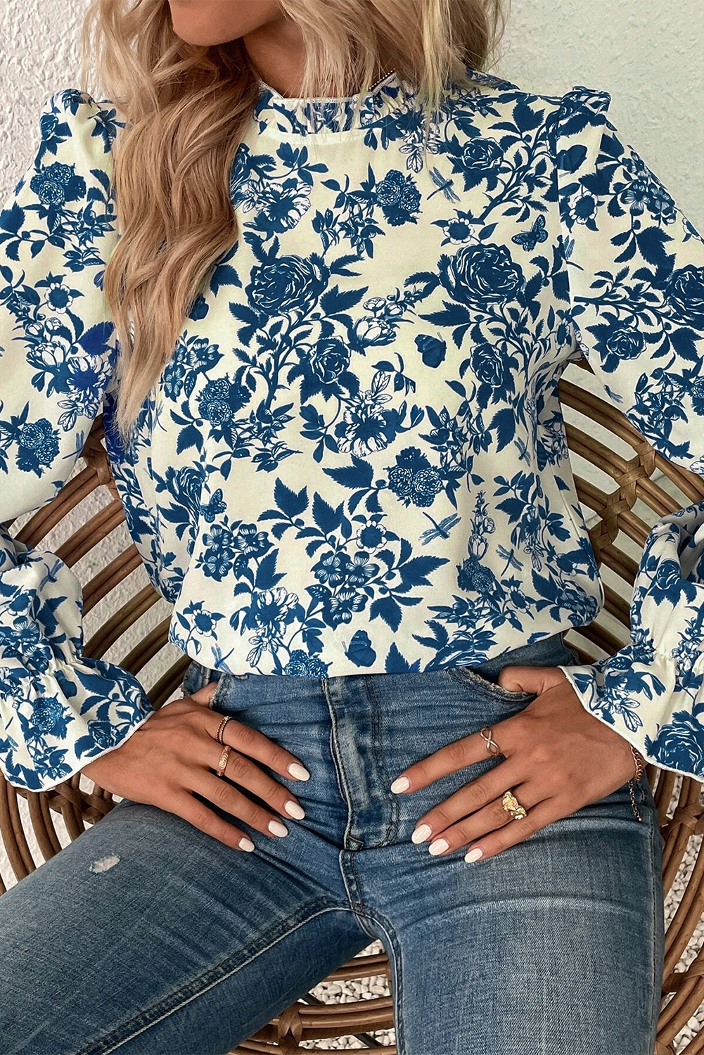 Retro Blue Floral Long Puff Sleeve Keyhole Back Blouse