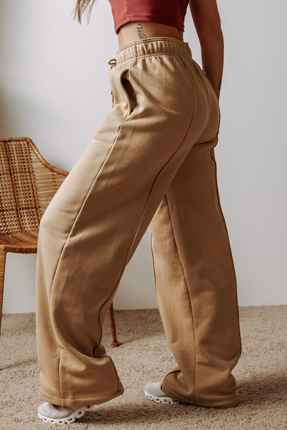 Khaki Exposed Seam Drawstring High Waist Wide Leg Pants