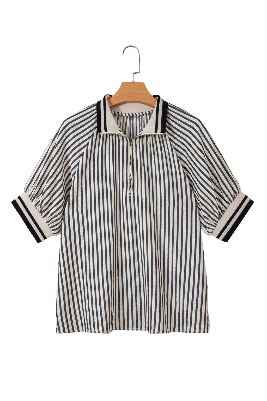 Black Stripe Polo Collar Half Zip Short Puff Sleeve Blouse Dear-Lover Dropshipping Tops/Blouses & Shirts
