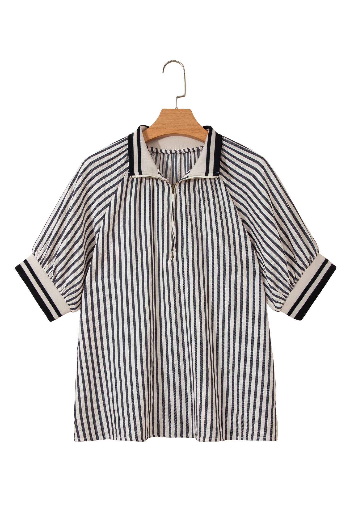 Black Stripe Polo Collar Half Zip Short Puff Sleeve Blouse Dear-Lover Dropshipping Tops/Blouses & Shirts