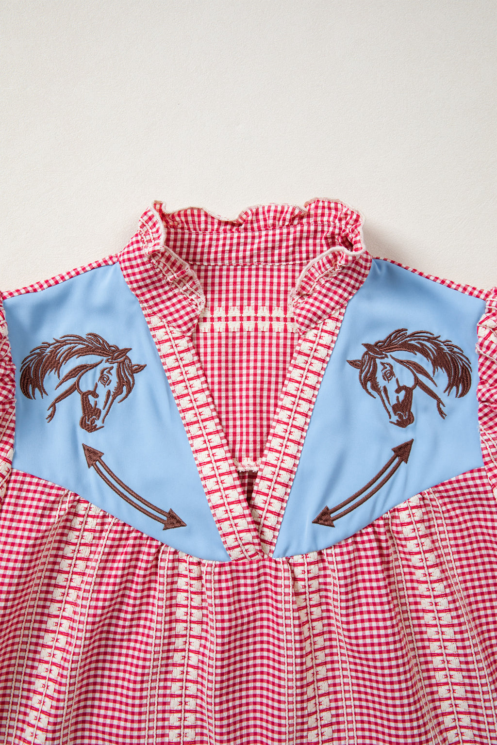 Western Horse Embroidered Gingham Blouse – Puff Sleeve Rustic Summer Top Dear-Lover Dropshipping Tops/Blouses & Shirts