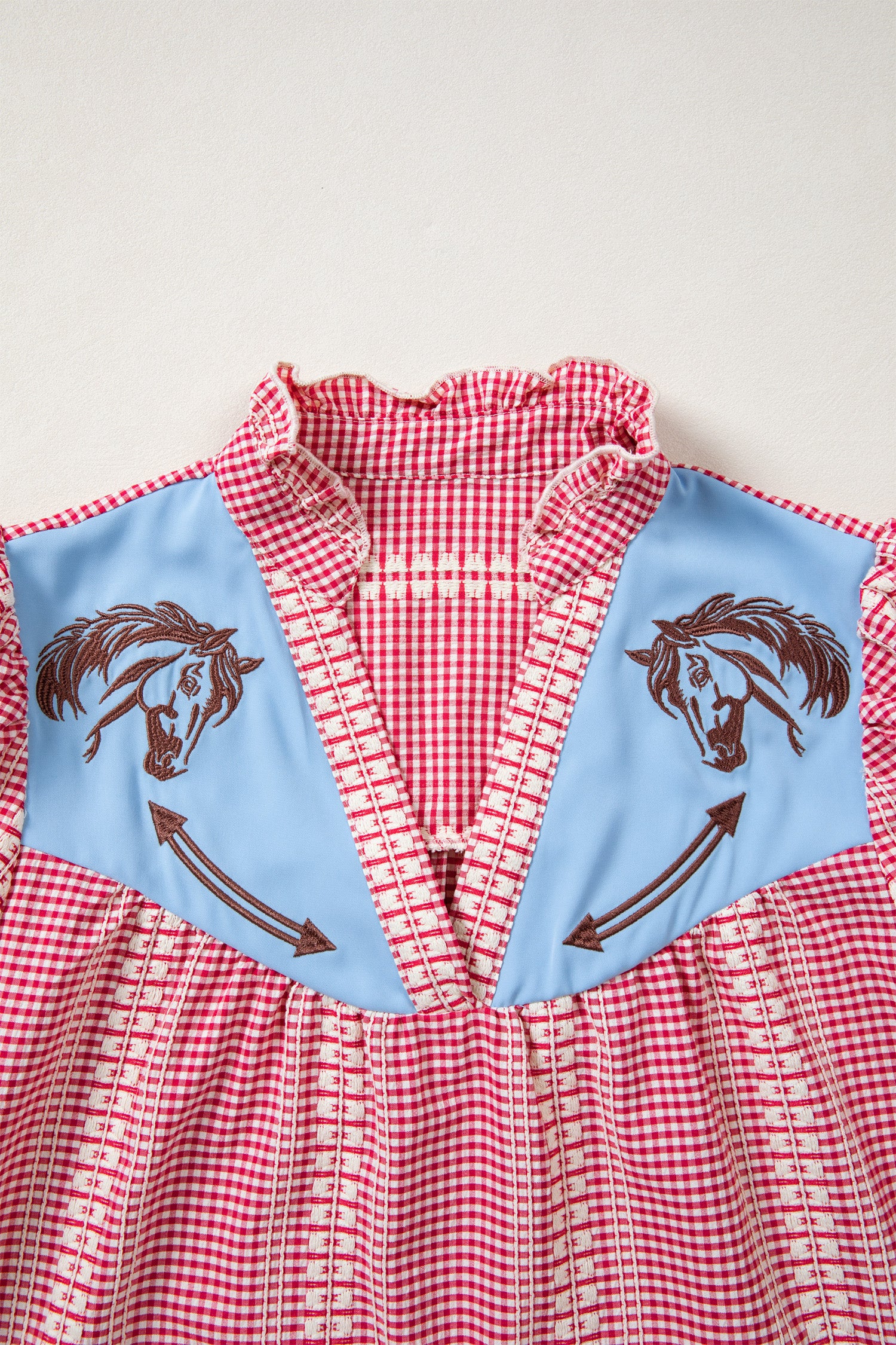 Western Horse Embroidered Gingham Blouse – Puff Sleeve Rustic Summer Top Dear-Lover Dropshipping Tops/Blouses & Shirts