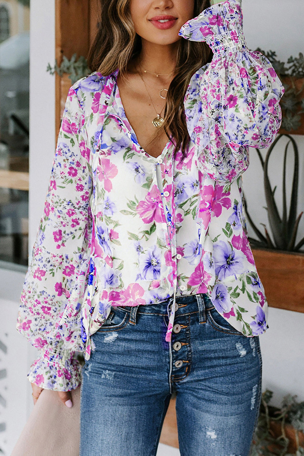 Floral V-Neck Blouse with Long Balloon Sleeves