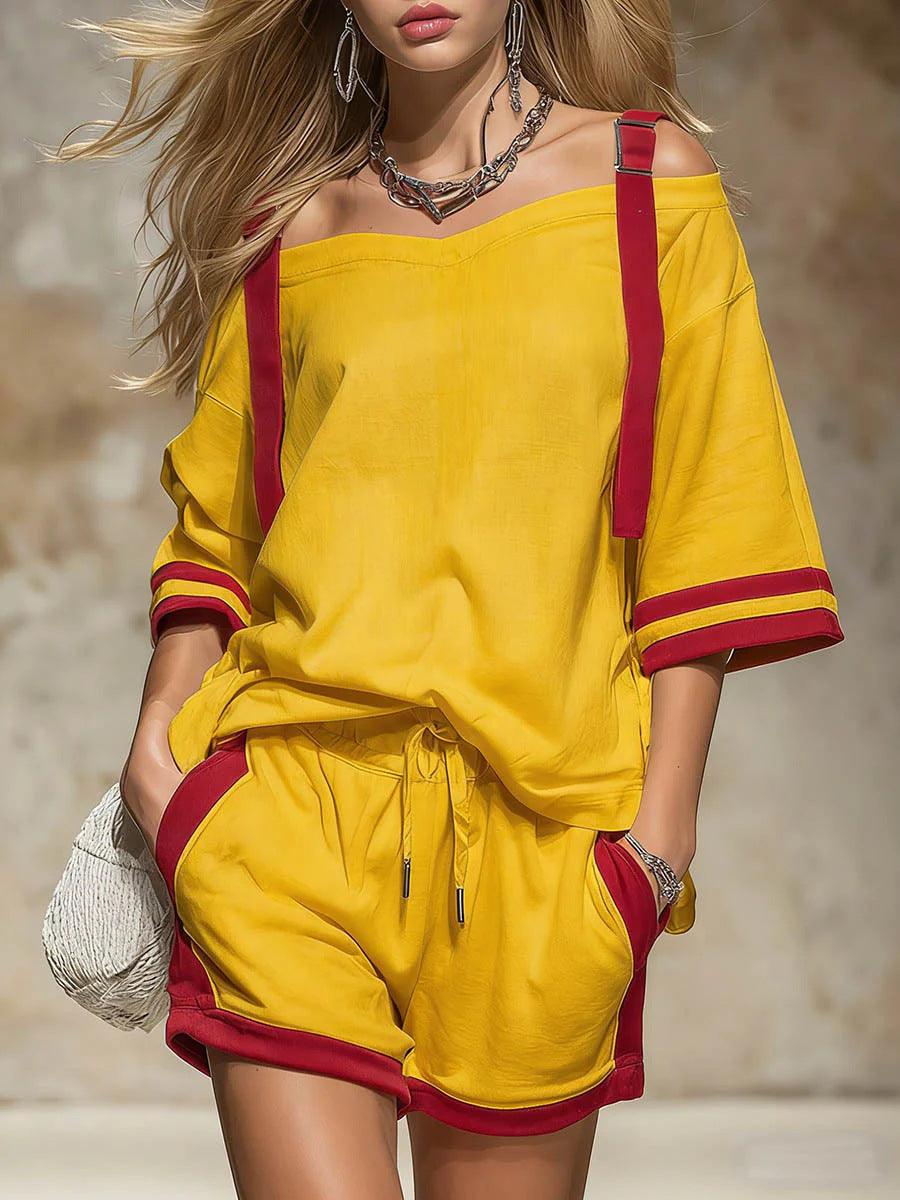 Women’s Summer Red Striped Shorts Set (Off-Shoulder) Orange CJ Dropshipping Color Block Shorts Set