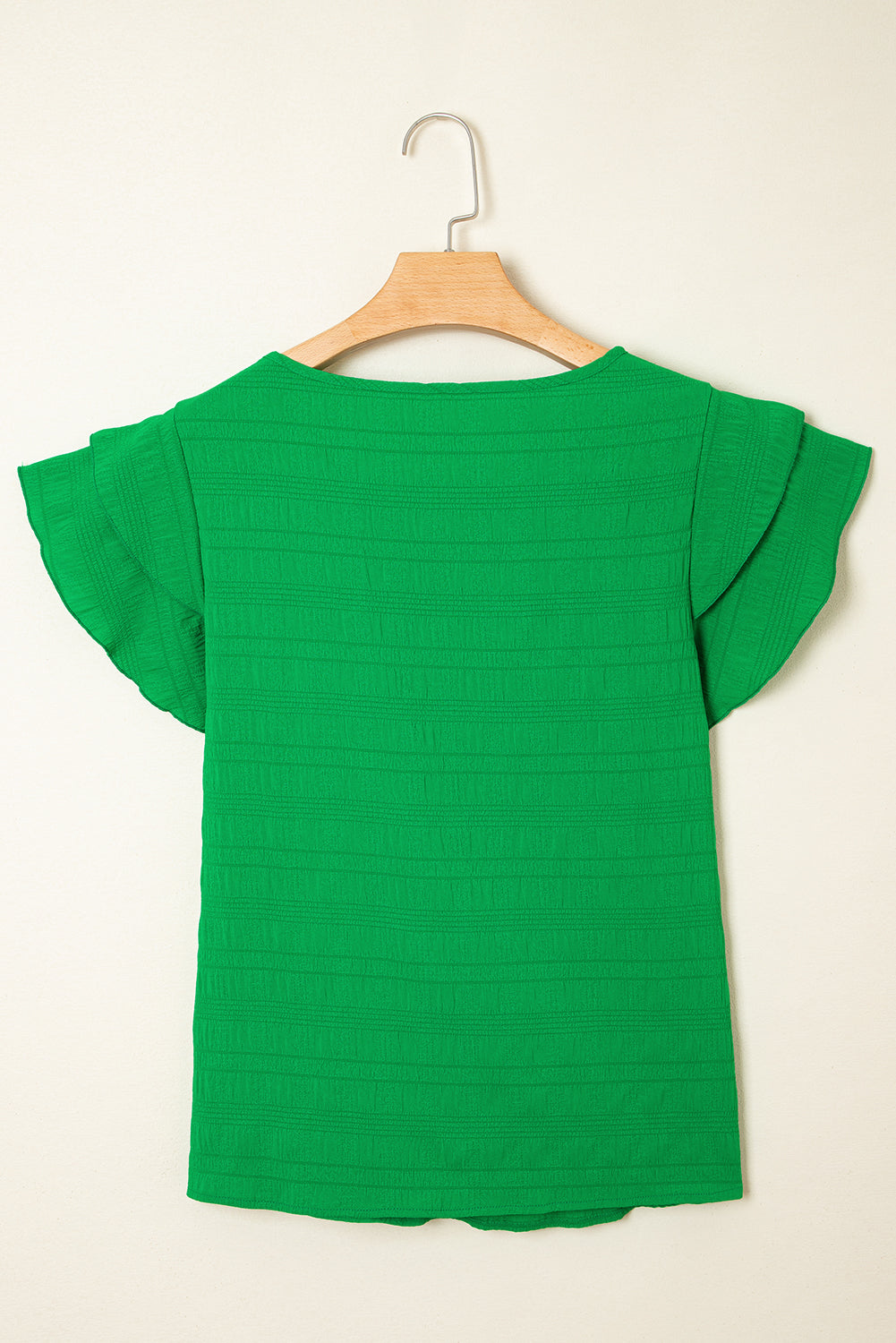 Green Textured Ruffled Sleeve Round Neck Top