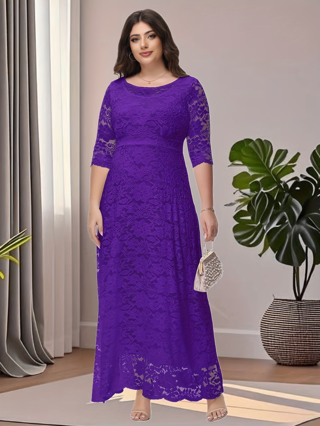 Plus Size O Neck Three Quarter Sleeve Lace Maxi Dress