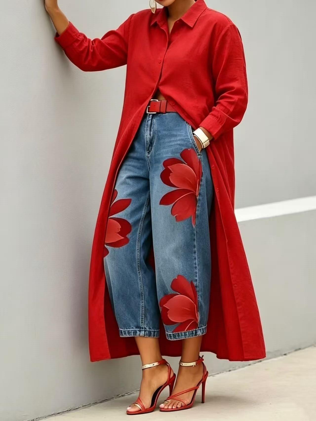 Women’s Loose Wide-Leg Printed Trousers – Comfortable Elegant Casual Pants Red Set CJ Dropshipping Wide Leg Painted Floral Jeans