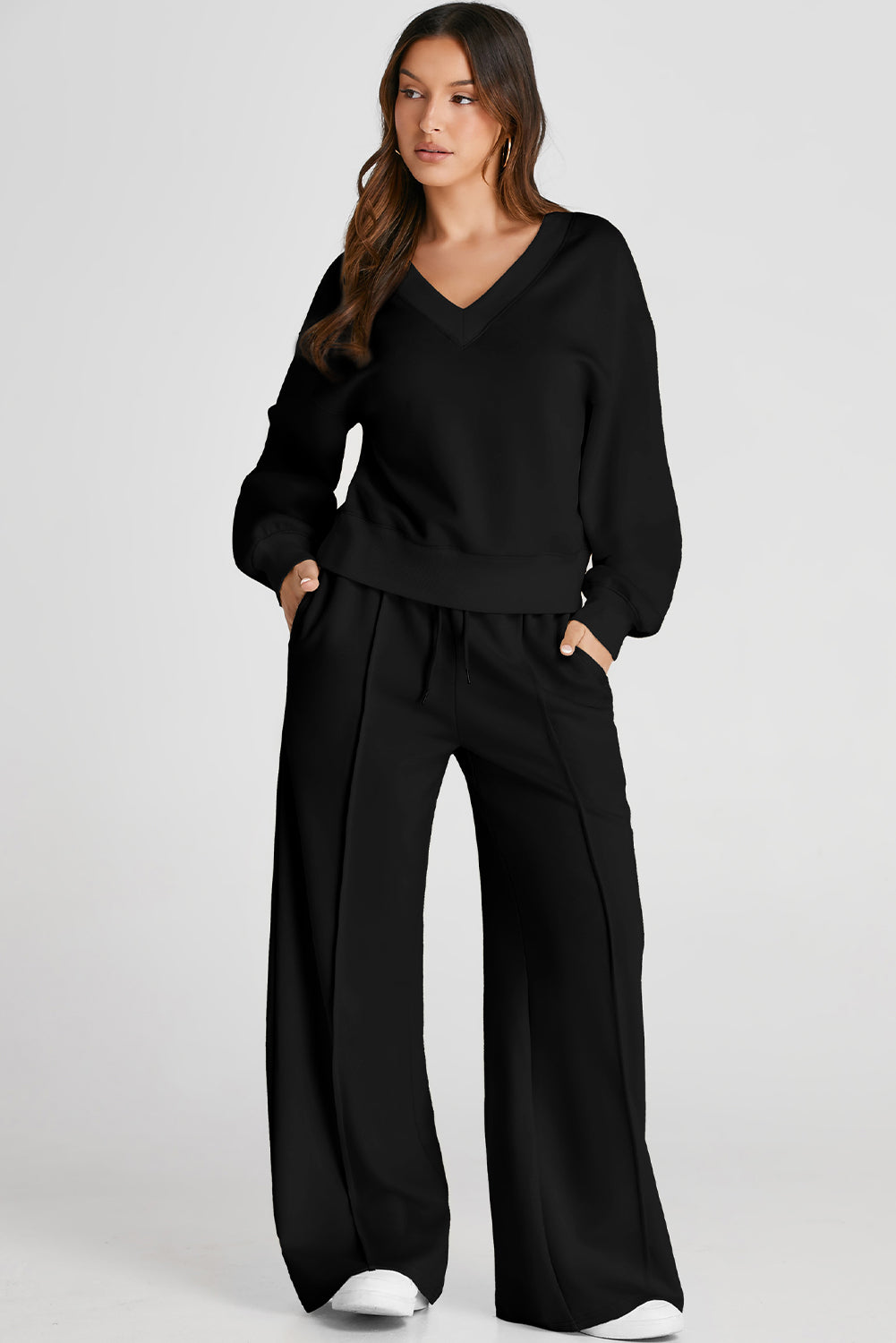 Black V Neck High Waist Pants Set