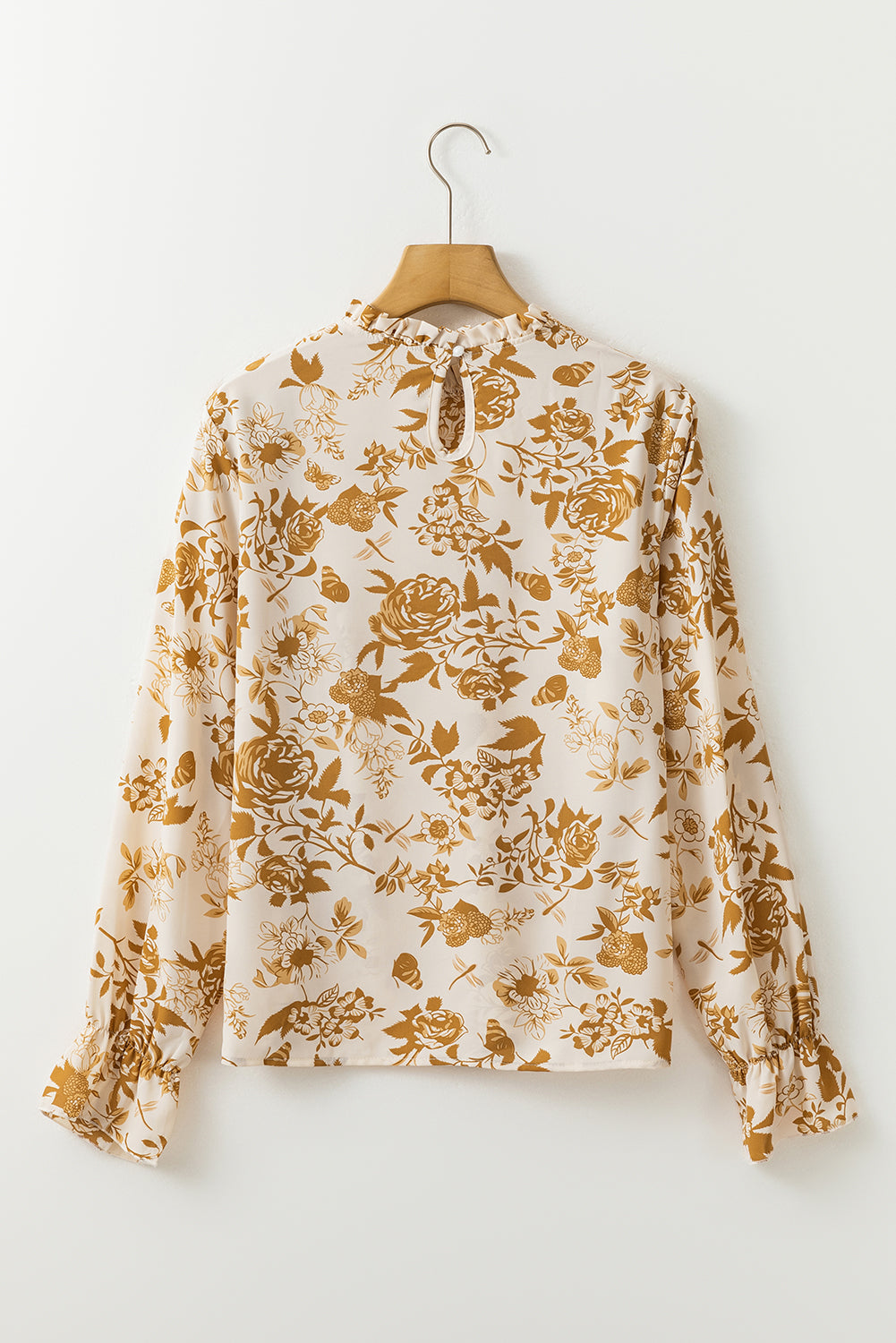 Light French Beige Floral Print Frilled Neckline Flounce Sleeve Blouse