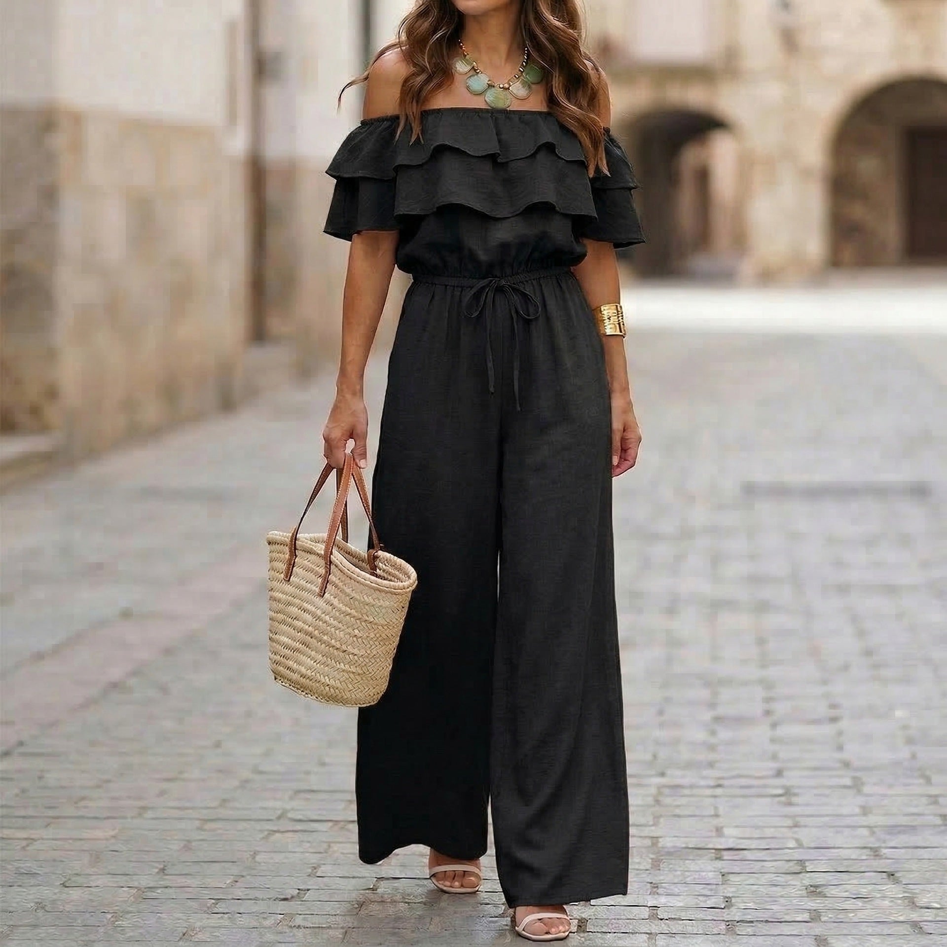 Women’s Ruffled Off-Shoulder Cinched Waist Wide Leg Jumpsuit Black CJ Dropshipping Ruffle Top Jumpsuit