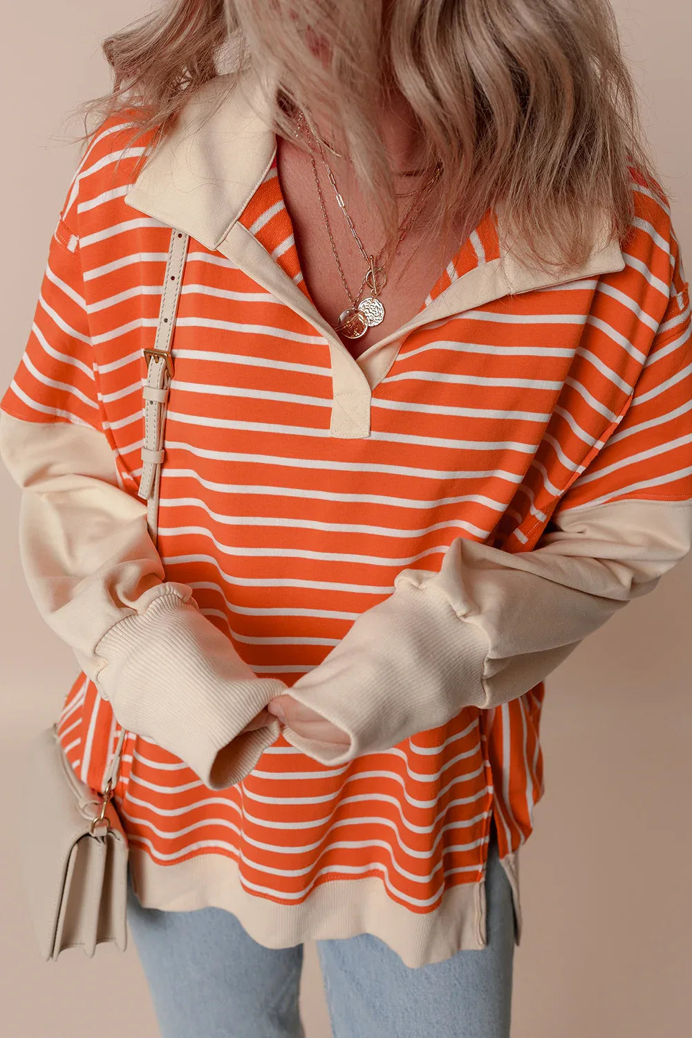 Orange Stripe Color Block Loose Fit Collared Drop Shoulder Sweatshirt Bazaare Mart Tops/Sweatshirts & Hoodies
