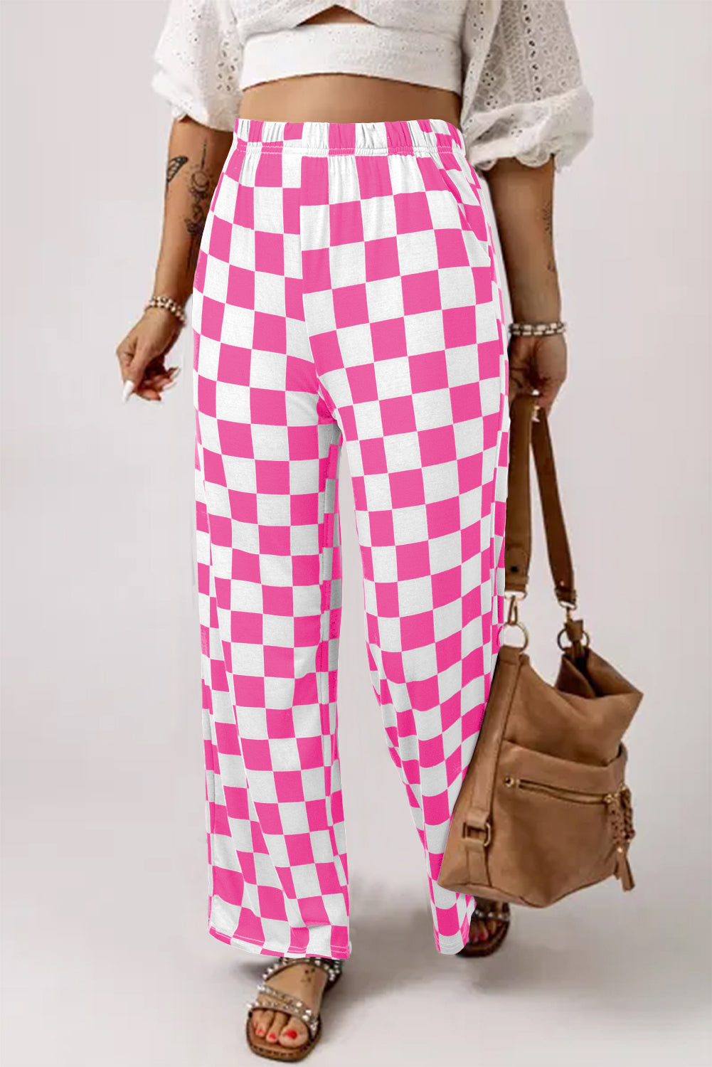 Pink & White Checkered Print High Waist Wide Leg Pants